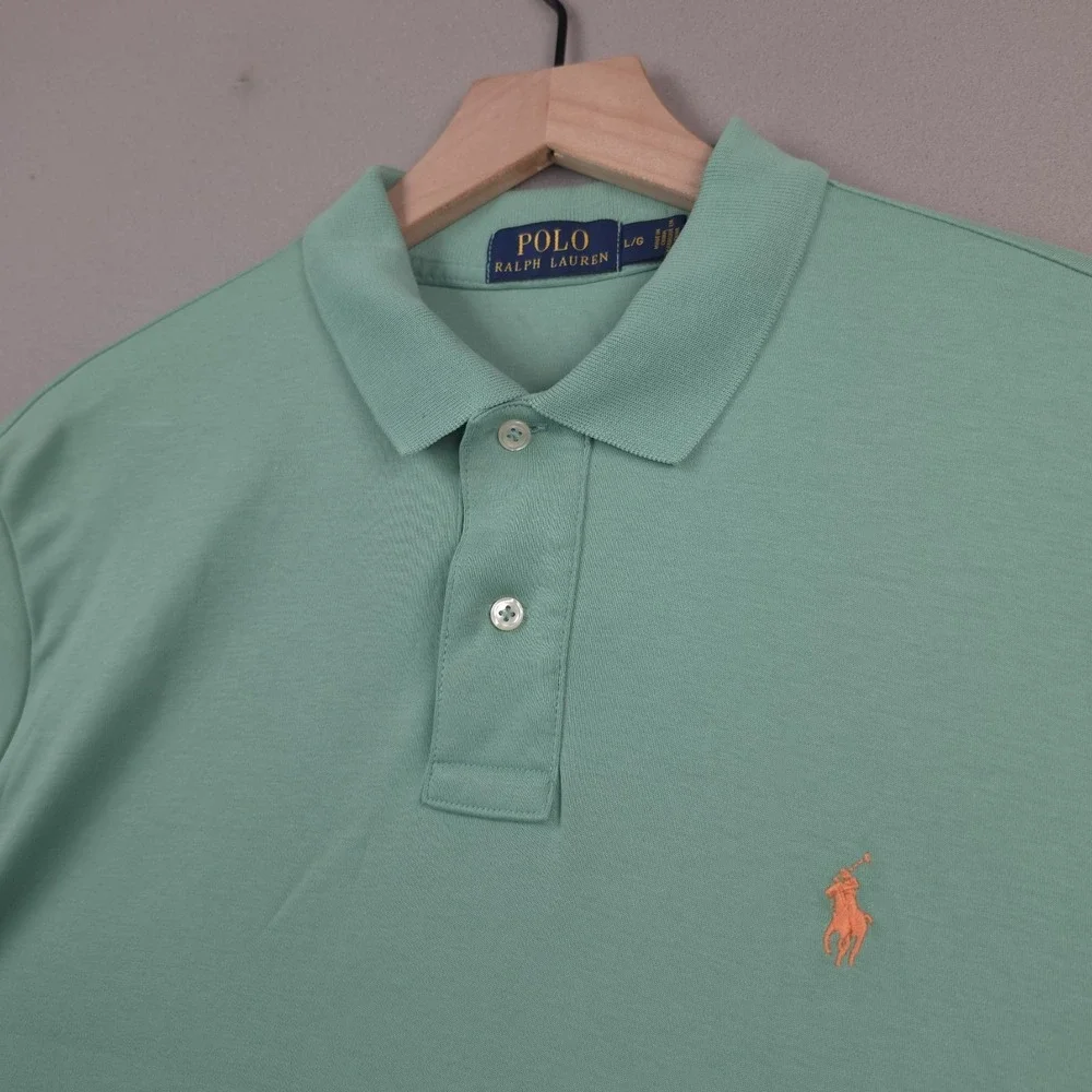 Polo Ralph Lauren Mens L Sage Green Jersey Cotton Polo Shirt Peach Pony Golf Top